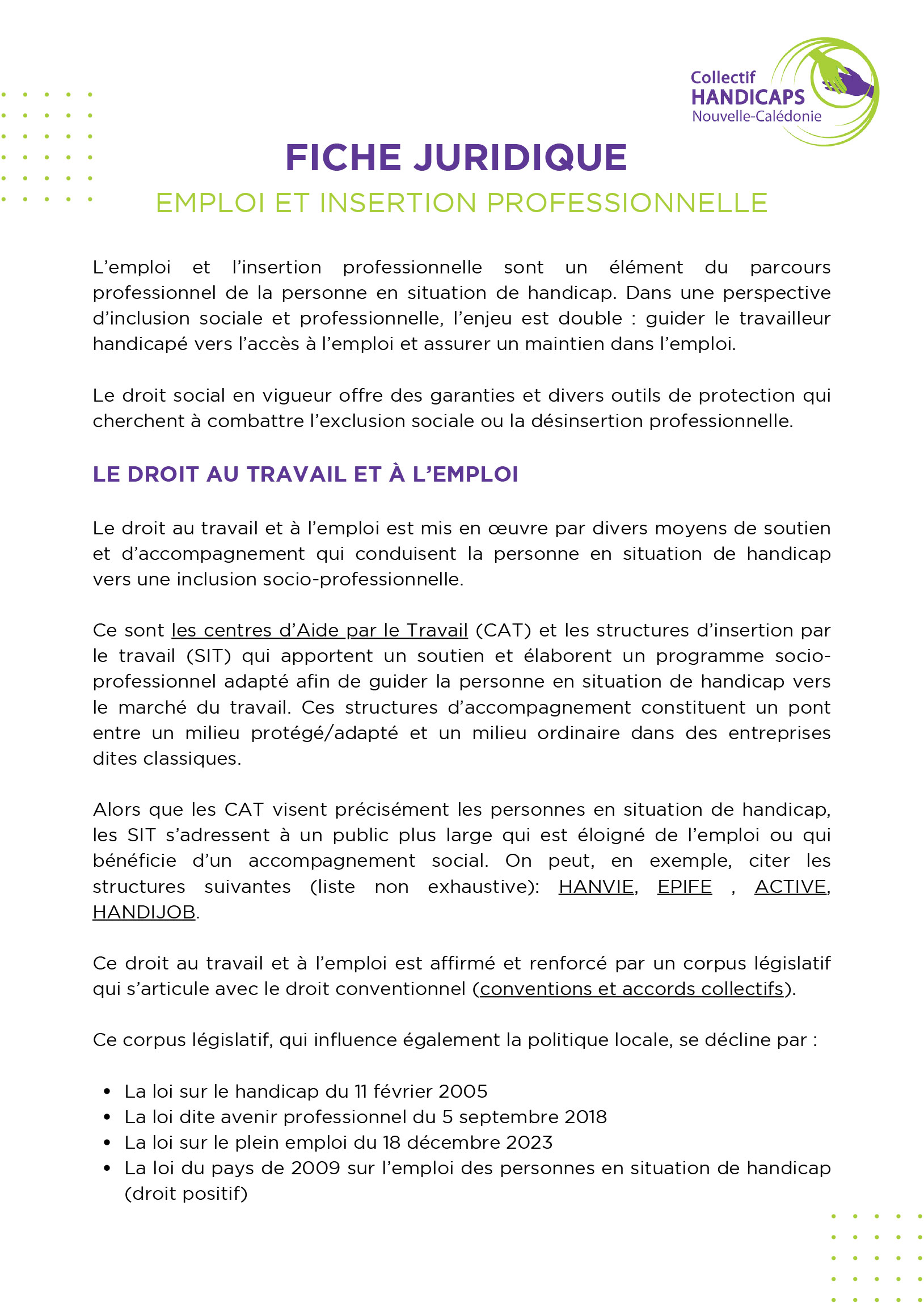 Fiche Juridique Emploi et insertion professionnelle