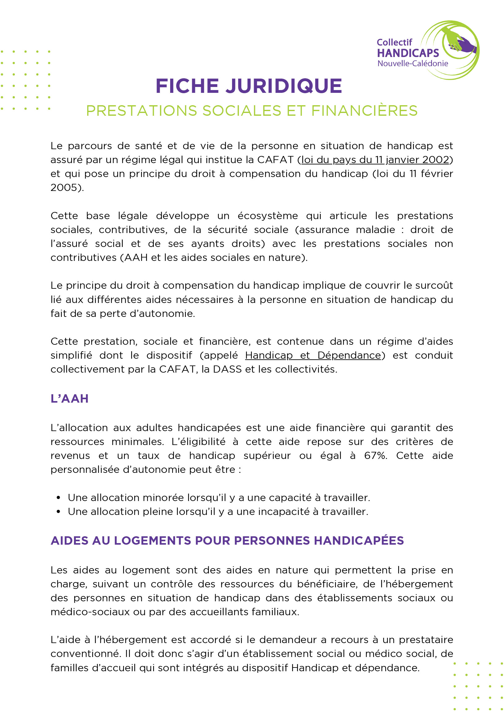 Fiche Juridique Prestations sociales et financières