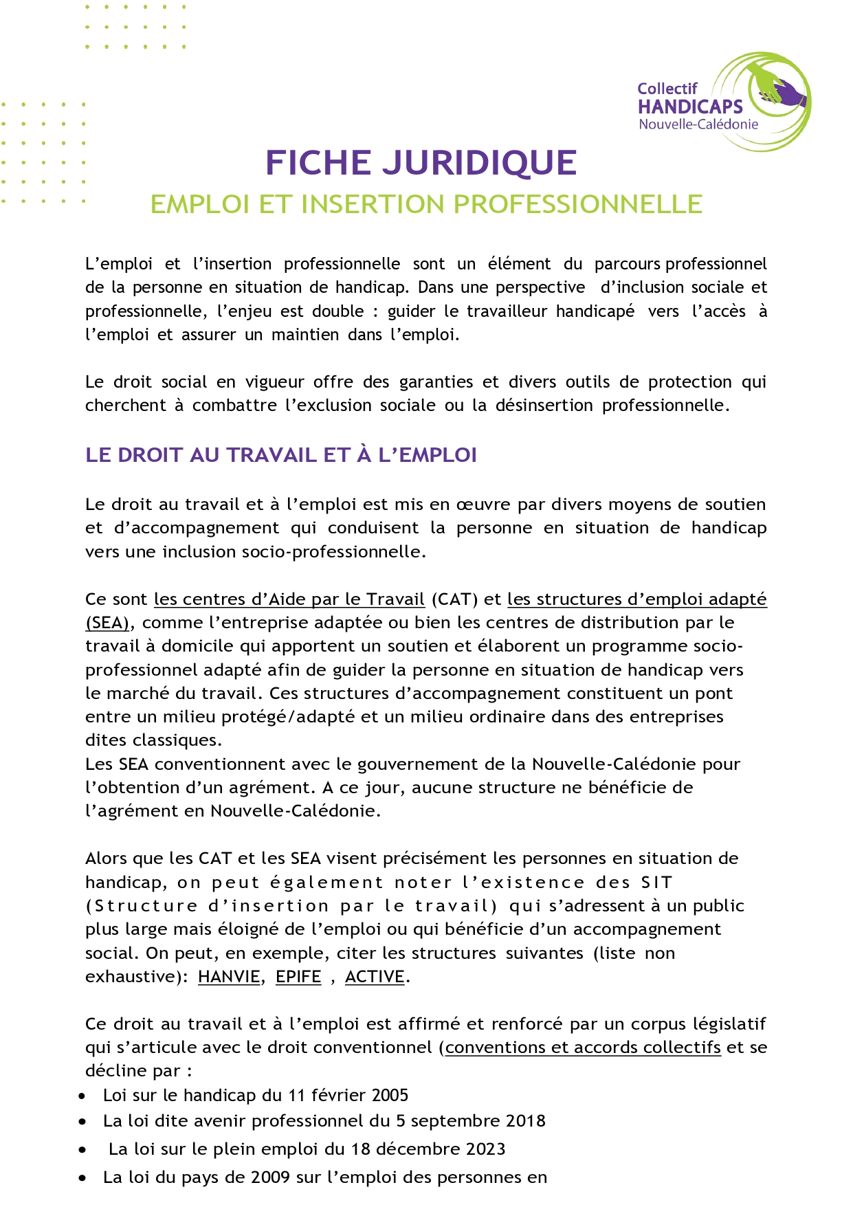 Fiche Juridique Emploi et insertion professionnelle